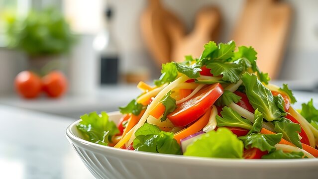 A crisp vegetable salad in a white ceramic bowl with natural window lighting.