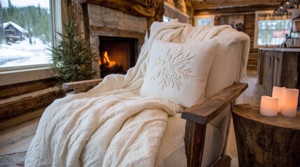 Cozy, wooden armchair by fireplace with snowflake pillow