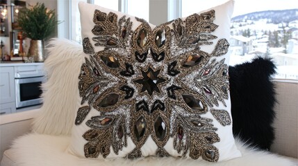 Ornate white pillow with a gold/silver/black beaded floral design