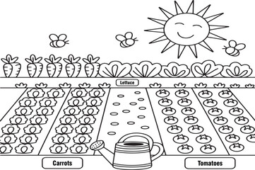Obraz premium Farm Garden Vector Illustration with Carrots Lettuce Tomatoes and Watering Can