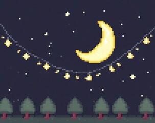 Pixel art night sky with moon, stars, and string lights
