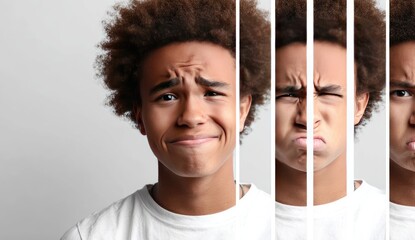 A young person displays three different expressions sadness, displeasure, and slight anger
