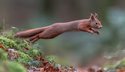 Red squirrel leaping through forest foliage