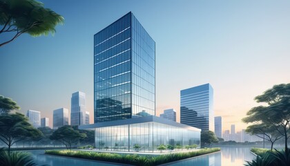 Fototapeta premium Modern glass skyscraper building with surrounding cityscape and greenery under clear sky du daytime for urban architecture and corporate office design