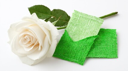 White rose beside two small, green fabric squares