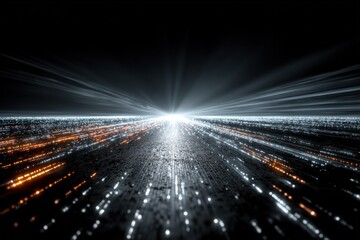 Abstract perspective of a bright light at the end of a digital data stream