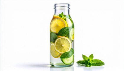 Refreshing Infused Water in Glass Bottle with Lemon, Cucumber, and Mint