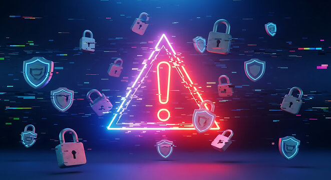 Neon glowing cyber warning alert surrounded by locks and shields representing data breach and network threat detection