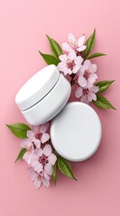 Two white cosmetic jars surrounded by pink cherry blossoms on a pink background