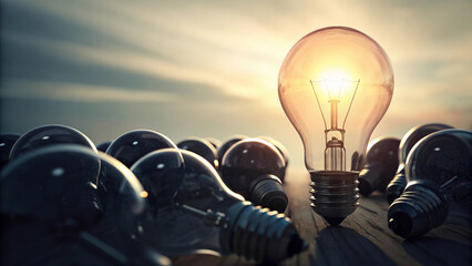 Single glowing light bulb among many dark ones, symbolizing innovation and ideas
