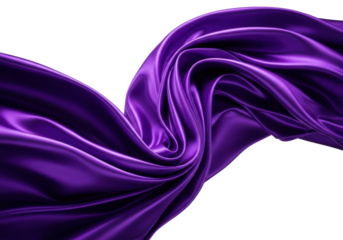 Electric purple high-thread-count silk fabric with lustrous satin sheen, forming intricate drapes and undulating waves against a transparent background, artistic luxury and dynamic elegance