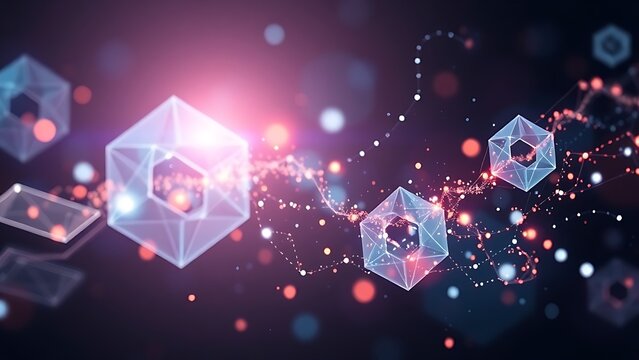 Abstract data visualization with floating geometric shapes and light particles.