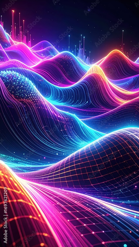 Poster vibrant digital waves with colorful neon lights and patterns