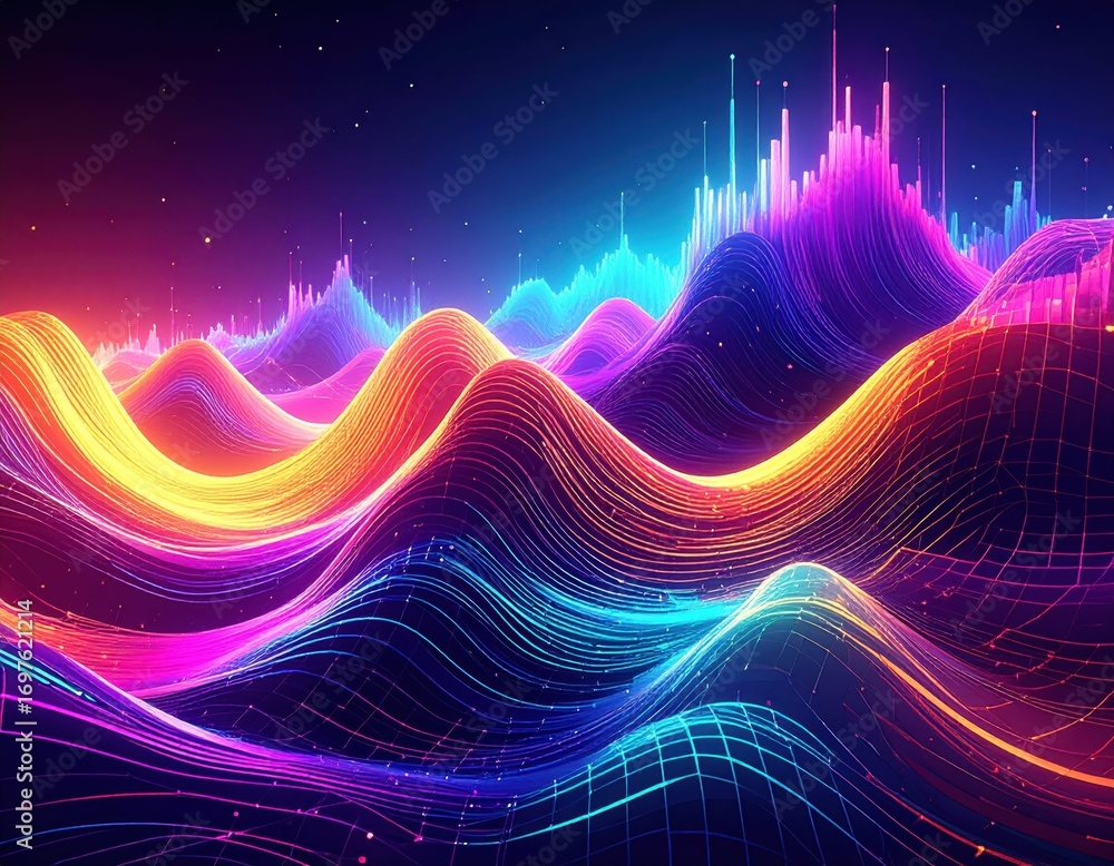 Poster vibrant abstract waves with colorful digital visualizations