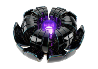 Meticulously engineered robotic blossom with iridescent obsidian-black metallic segments and pulsating violet energy core, against a transparent background, high-key studio lighting, cutting-edge