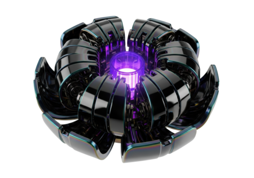 Meticulously engineered robotic blossom with iridescent obsidian-black metallic segments and pulsating violet energy core, against a transparent background, high-key studio lighting, cutting-edge