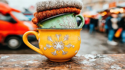 Stacked mugs, winter market scene