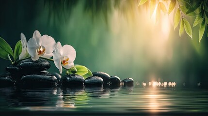 Zen garden scene with white orchids and black stones