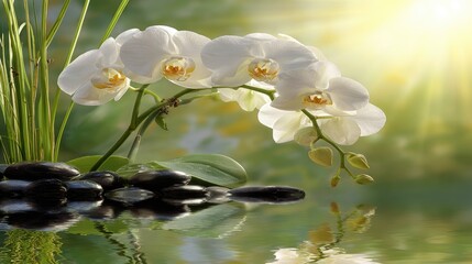 White orchids on water, surrounded by stones and greenery, bathed in sunlight