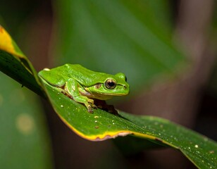 Fototapeta premium A vibrant green tree frog rests on a lush green leaf, bathed in natural light.