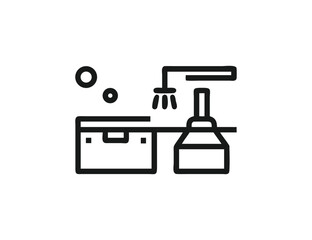 Minimalist icon of a bathroom sink faucet shower head and soap dispenser