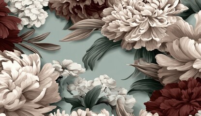 Floral print with peonies, hydrangeas, and muted tones