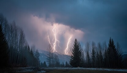 Dramatic lightning storm over a mountain range with a forest