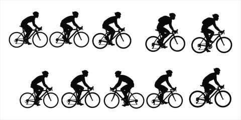 Fototapeta premium Eleven Silhouettes of Cyclists in Various Poses on White Background Keywords: cycling, cyclist, bicycle, sport, athlete, racing