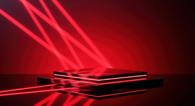Cyberpunk gaming podium with red laser lights on a dark, reflective background - Powered by Adobe
