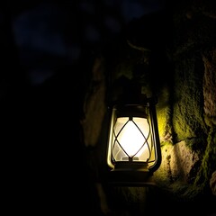 Old lantern glowing faintly on a mossy stone wall at night.