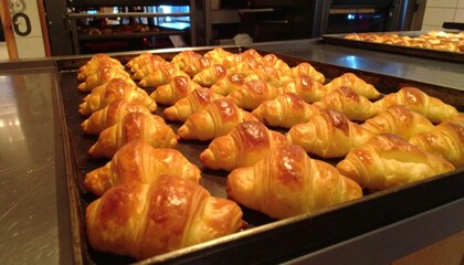 Baked croissants on a metal tray