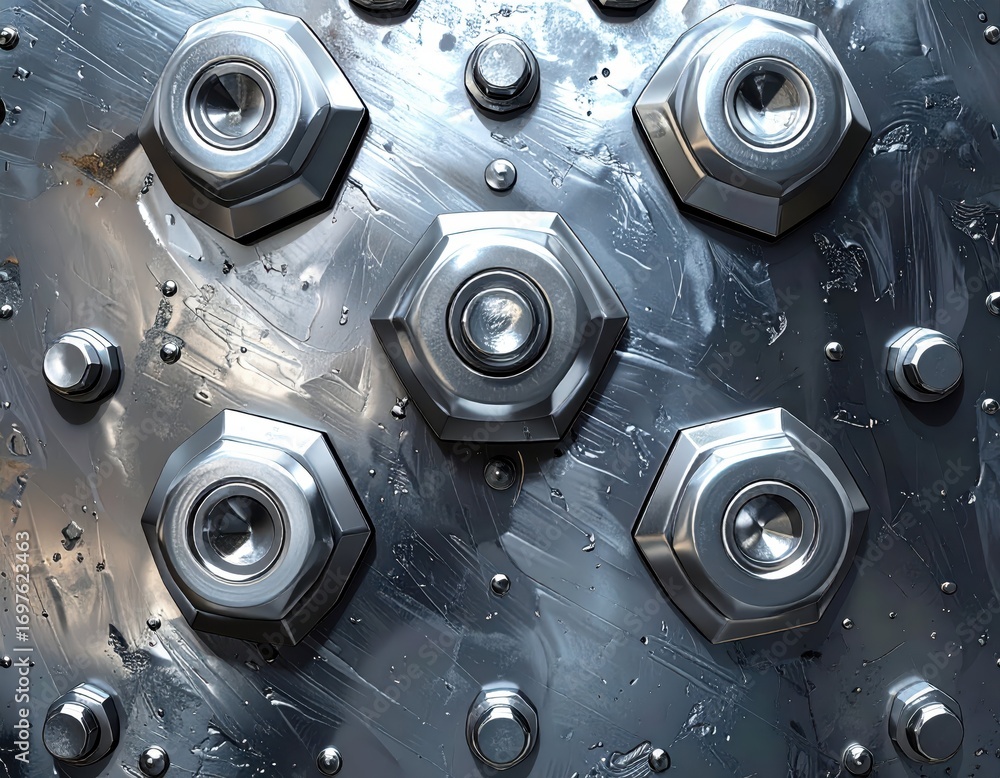 Poster Metallic Surface with Reflective Hexagonal Bolts and Texture
