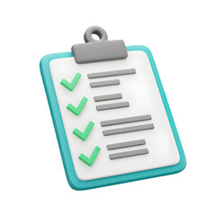 3d rendered checklist on a clipboard with green checkmarks isolated on transparent background