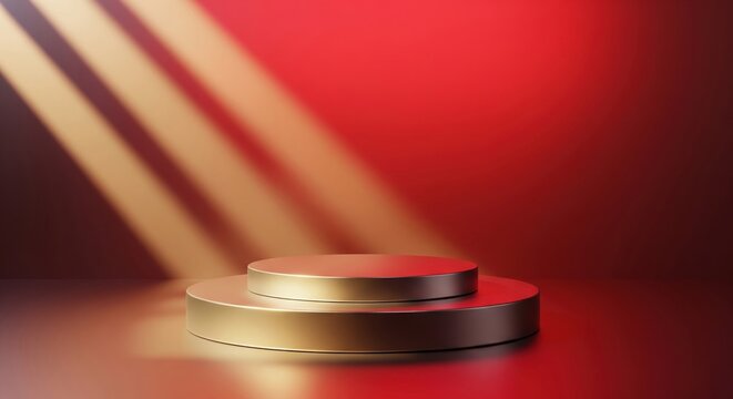 Luxurious two-tiered gold podium on a red background with dramatic light rays for product display