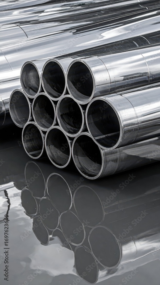 Poster metallic pipes stacked neatly with reflection on smooth surface