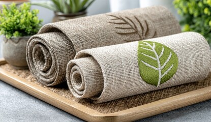 Rolled, light beige and taupe fabric placemats, embroidered with leaves, displayed on a light brown bamboo tray. Small potted plants nearby