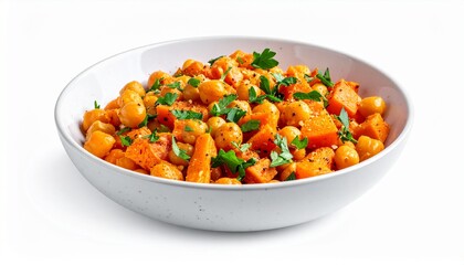Roasted sweet potato and chickpea salad with fresh parsley in a white bowl, isolated on a white background.