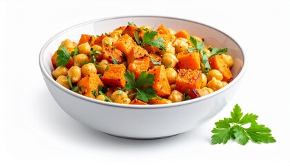 Roasted Sweet Potato and Chickpea Salad in White Bowl with Parsley Garnish