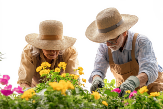 Senior couple working in garden together

