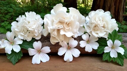 Three clusters of creamy white flowers, possibly peonies or hydrangeas, on a light brown wooden surface amidst greenery