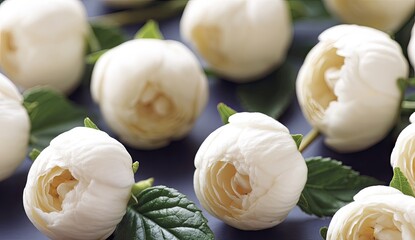 Fototapeta premium Close-up of many small, delicate, white peonies on a dark background