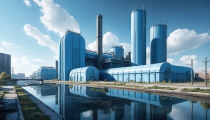 Modern industrial factory with tall processing units, large storage tanks, and clean environment in daytime with cloudy sky and water reflection