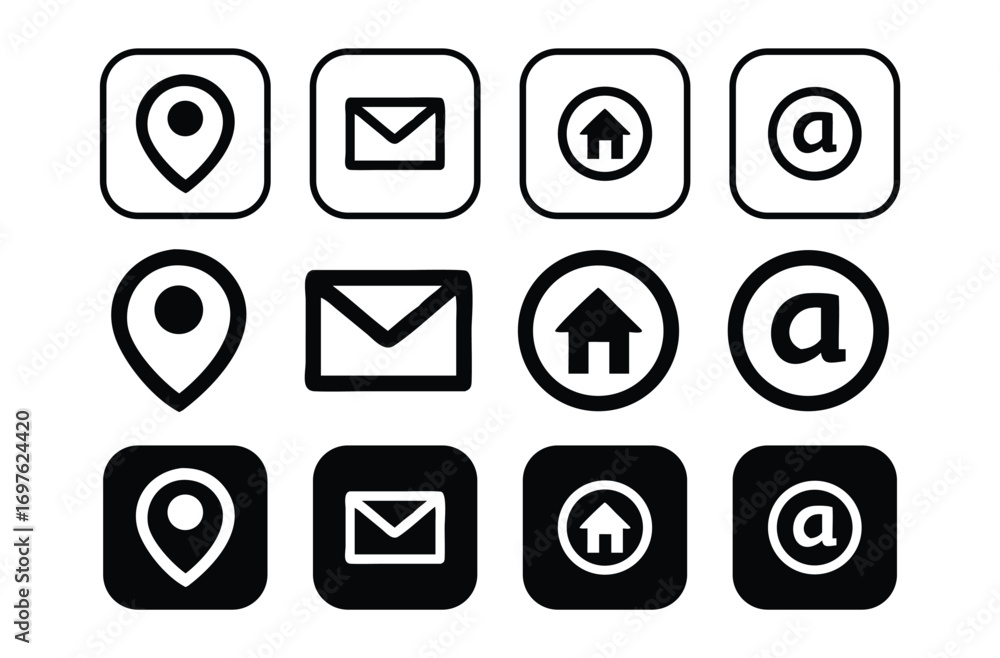 Poster set of contact information icons location email home and at symbol in square and circular frames