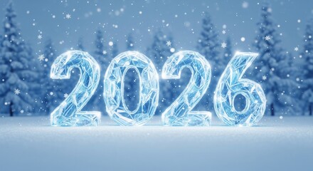 Frozen ice text of 2026 in a magical snowy forest with falling snowflakes for New Year