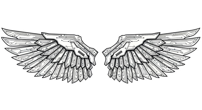 Detailed line art illustration of mechanical wings with circuit board design aesthetic