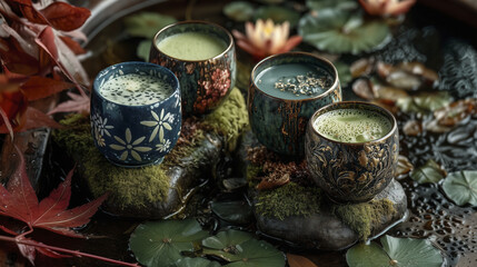 Fototapeta premium Serene arrangement of four beautifully crafted tea cups filled with vibrant green tea, resting moss covered stones amidst floating lotus flowers and lily pads. tranquil setting evokes sense
