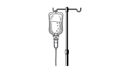 Detailed monochrome line art of an intravenous drip equipment for medical treatments