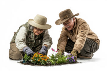 Senior couple working in garden together
