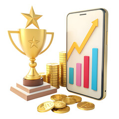 Golden trophy coins graph smartphone success investment finance business achievement award illustration, isolated on transparent background