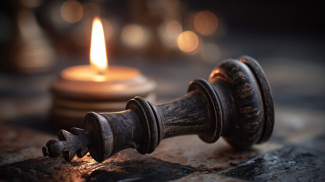 A chess piece tipped over beside a lit candle.